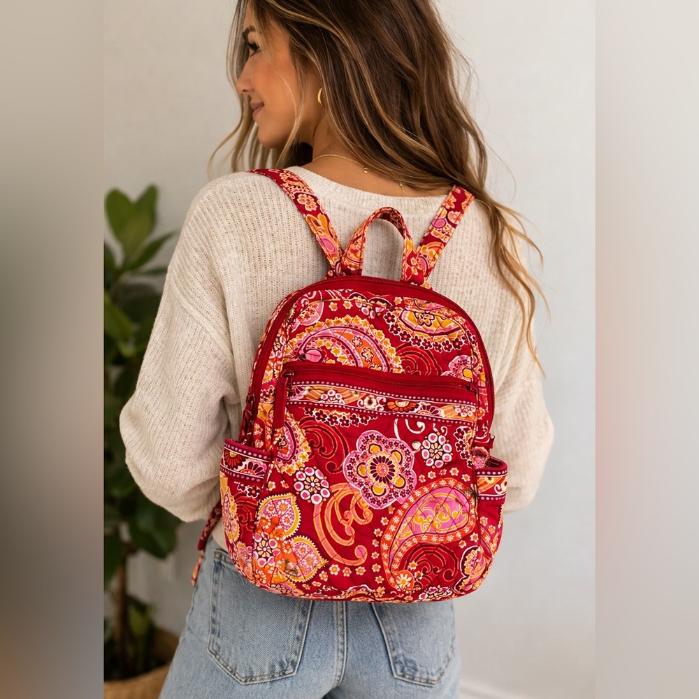 Vera Bradley Red Paisley Quilted Backpack Purse Crossbody Bag - Picture 2 of 14